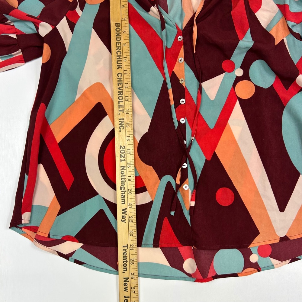 August Sky Womens Geometric Abstract Print Blouse Burgundy Teal RTH2011 Size L - Picture 4 of 8
